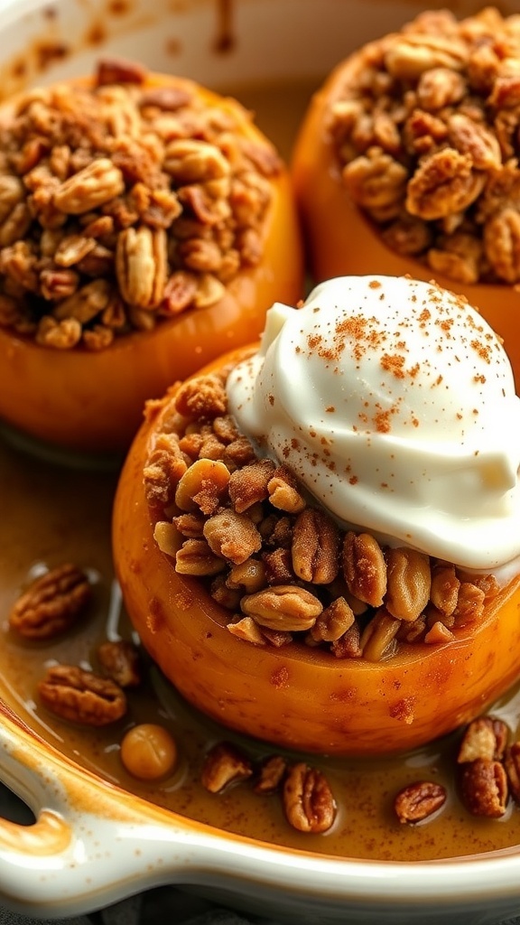 Cinnamon Baked Apples Recipe Cinnamon baked apples with oat filling, topped with vanilla ice cream, in a rustic baking dish.